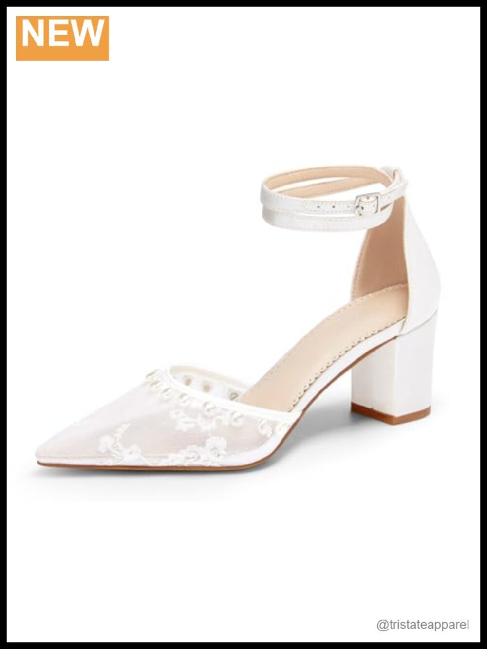 Pearl Chunky Heel Pointed Toe Ankle Strap Satin Pumps Wedding Shoes